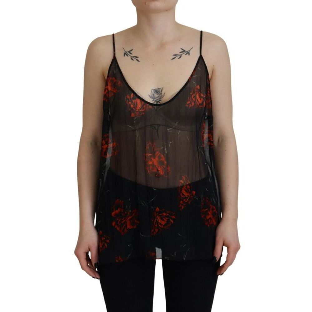 Dsquared² Black Floral Print Spaghetti Strap Tank Blouse Women's Top